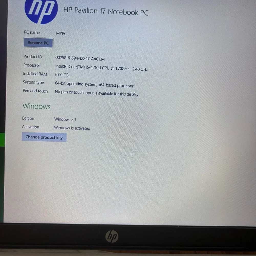 HP Laptop all specs are in picture of Lap top Screen.